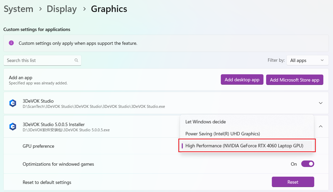 What are the configuration requirements or recommended settings for computers equipped with NVIDIA RTX 50 series graphics cards when using 3DeVOK Studio software