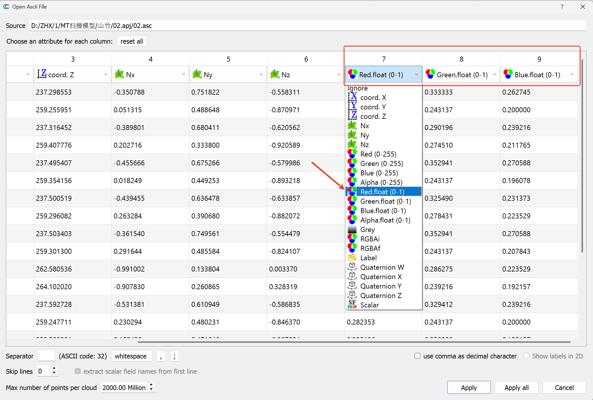 How to Import a Colored ASC Point Cloud into CloudCompare: