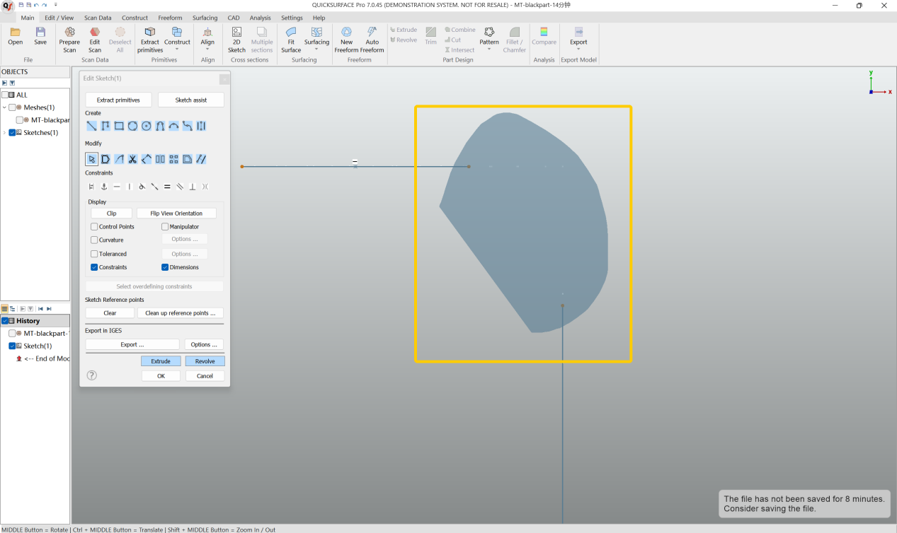 In QUICKSURFACE, what are the quick operations and shortcuts for drawing 2D sketch lines and fillets